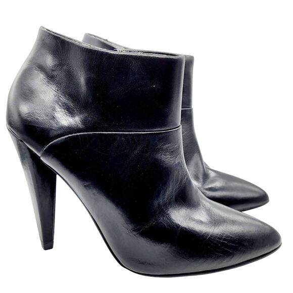 Colin Stuart Black Leather Ankle Boots Cone Heels Zipper Pointed Toe Women's 5 - Picture 1 of 11